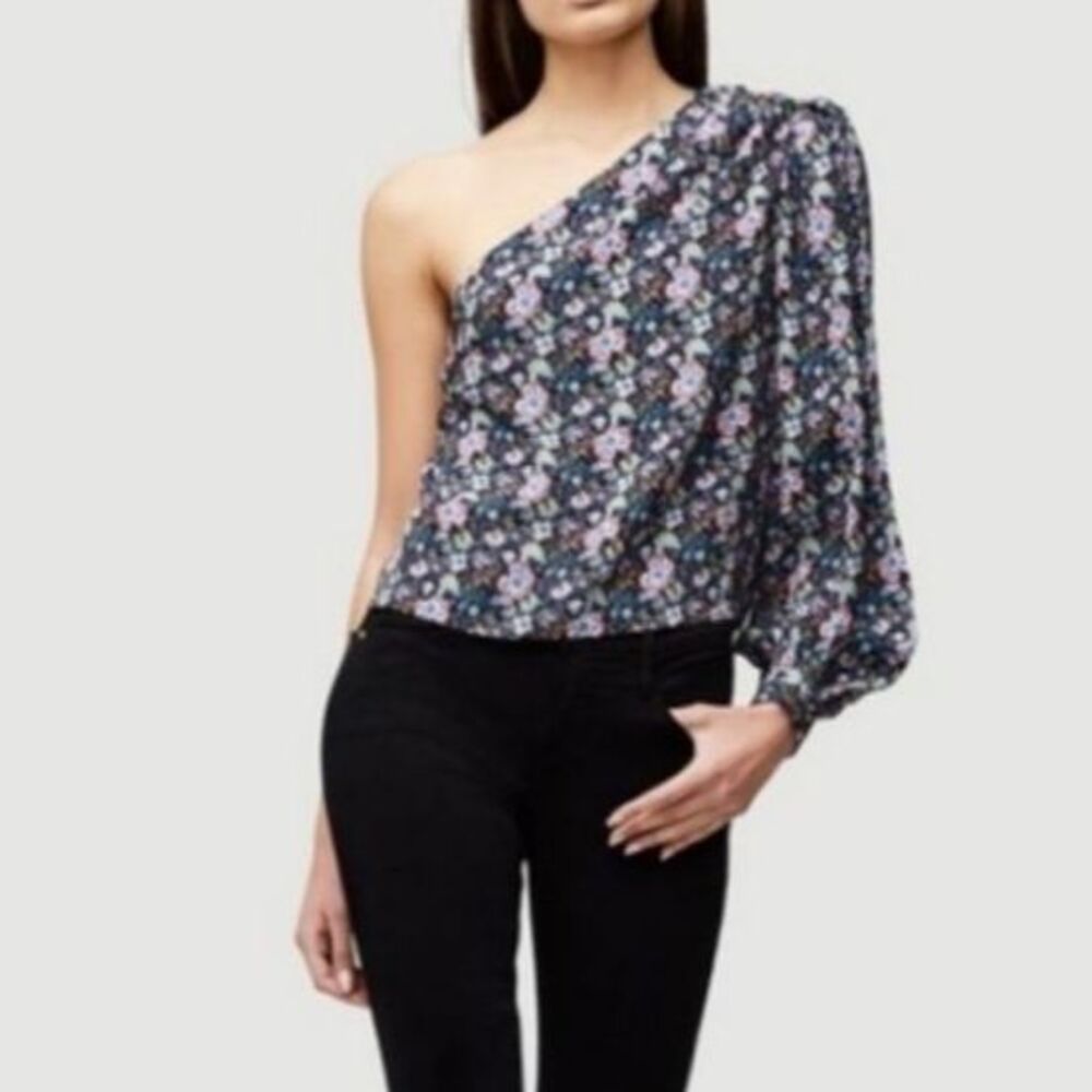 Frame Denim Sz. S, Floral One Shoulder Top Blouse Puff Sleeve Coastal Blue Multi